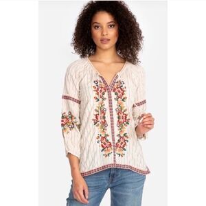 Johnny Was Embroidered Cream Relaxed Top Blouse Boho short 3/4 Sleeves SZ S